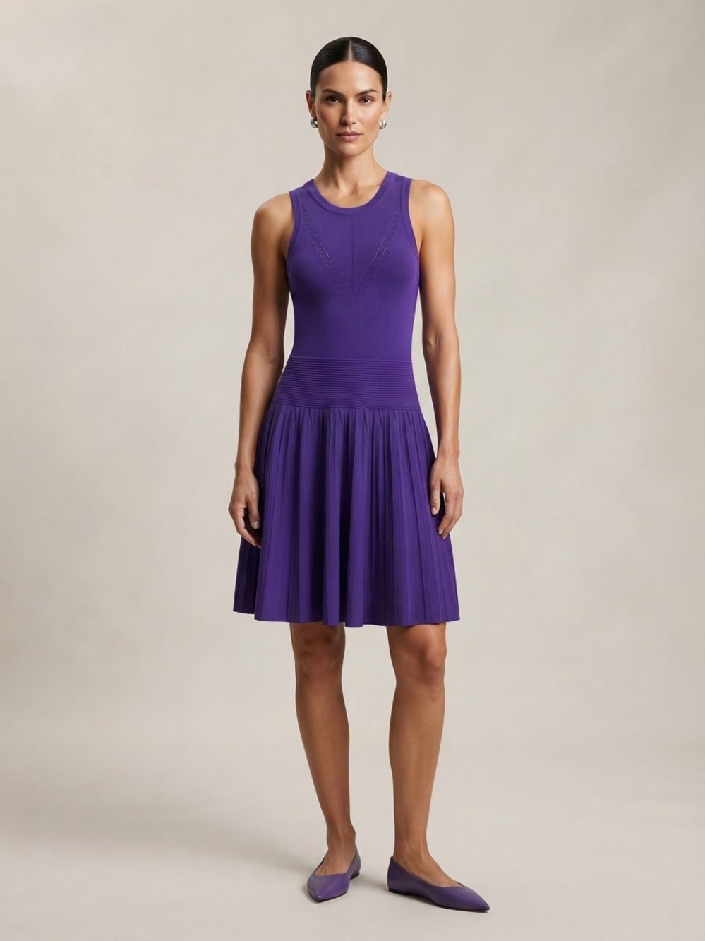 Milly Purple Sleeveless Pleated Knit Mini Dress